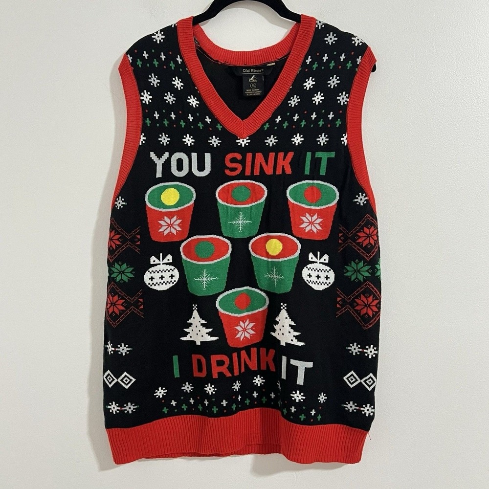 Old River Ugly Christmas Sweater Vest Men's M Beer Pong You Sink It I Drink It